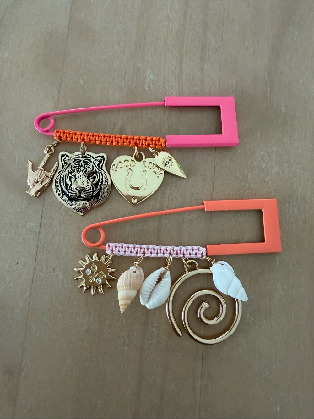 Handmade funky charmed blazer pins/brooches with macrame detail